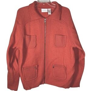 Liz Claiborne Heavy Wool Zip Sweater Jacket Women XL Burnt Orange Rib Knit